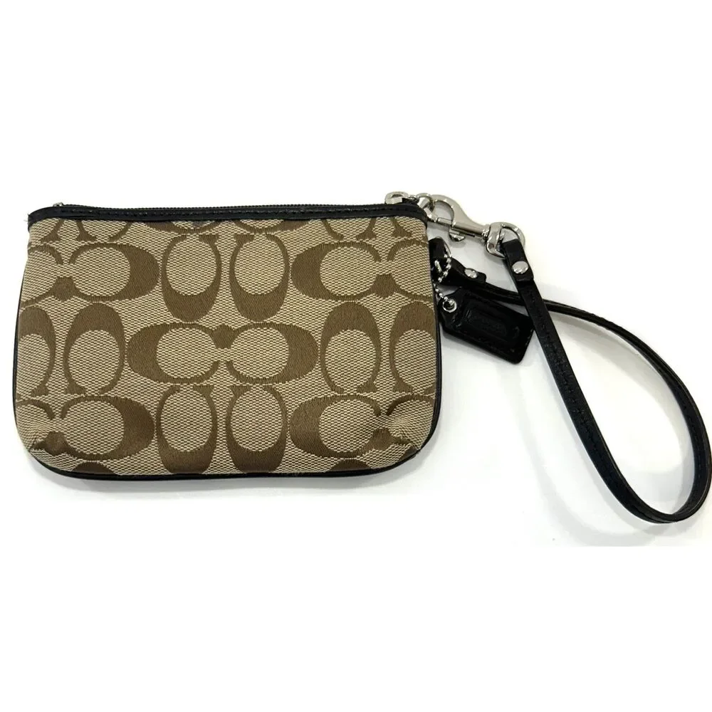 COACH Vintage Signature Canvas Small Wristlet - Khaki Brown & Black Leather